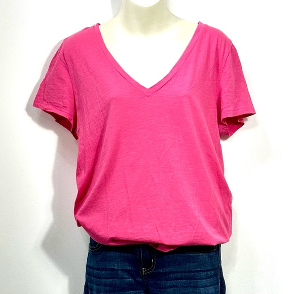 J. Crew Slub Cotton Tee Hot Pink Vneck - Picture 2 of 8